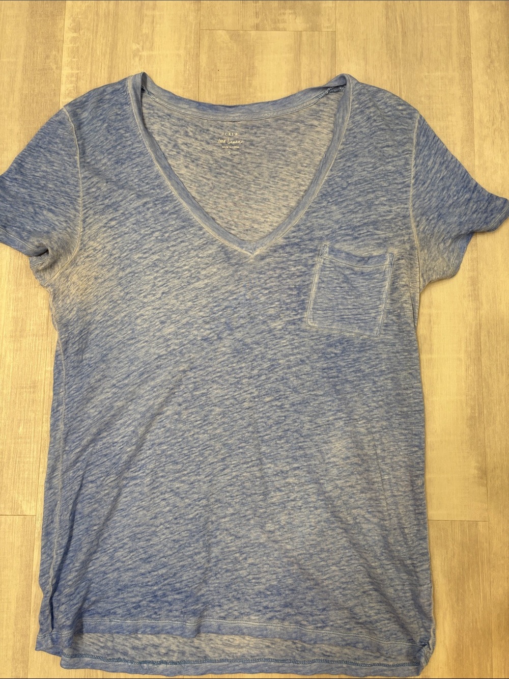 J. Crew Heathered Light Blue V-Neck Pocket Tee Linen Large